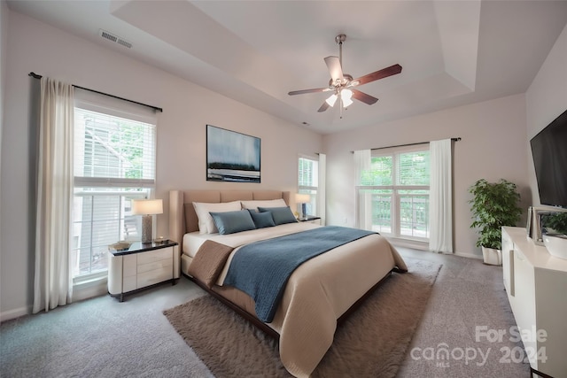 carpeted bedroom featuring ceiling fan and a tray ceiling