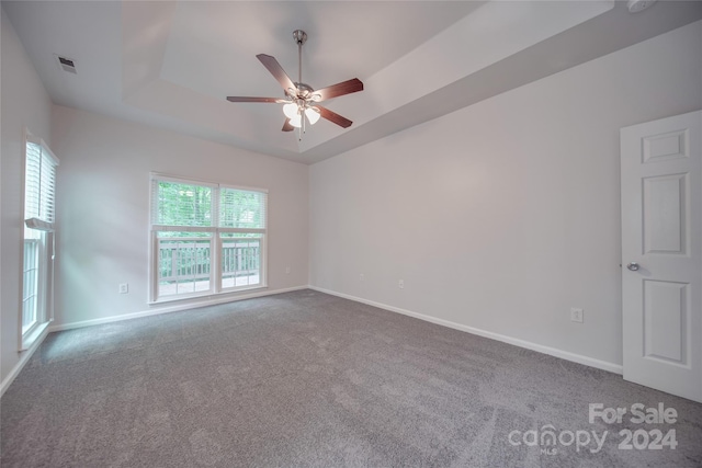 carpeted spare room with ceiling fan, a wealth of natural light, and a tray ceiling