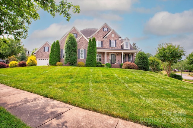 view of front of property with a porch and a front lawn