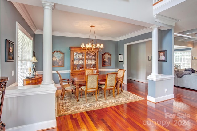 dining room featuring a healthy amount of sunlight, hardwood / wood-style flooring, an inviting chandelier, and crown molding