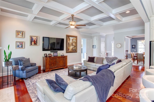 living room with coffered ceiling, ceiling fan, dark wood-type flooring, crown molding, and beamed ceiling