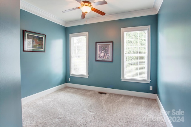 carpeted empty room with ceiling fan and ornamental molding