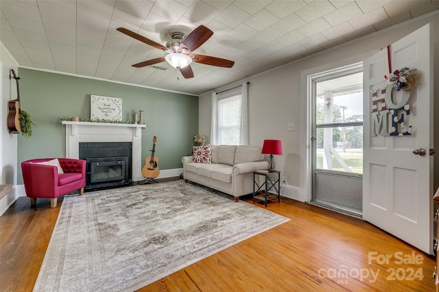 living room featuring a healthy amount of sunlight, a fireplace, light hardwood / wood-style floors, and ornamental molding