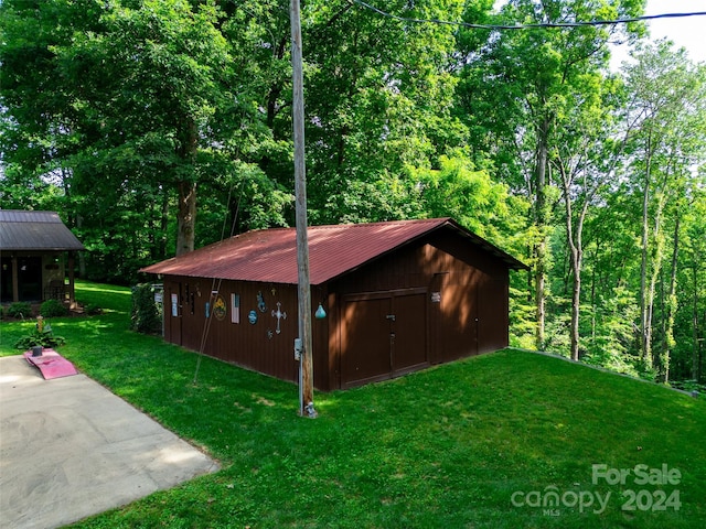 exterior space with a storage shed