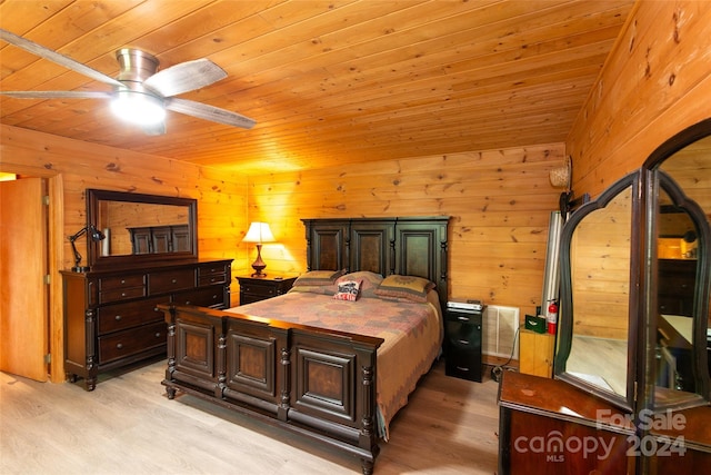 bedroom with ceiling fan, wooden ceiling, and light wood-type flooring