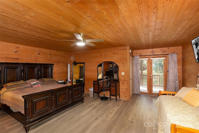 bedroom featuring ceiling fan, access to outside, wood ceiling, and wood walls