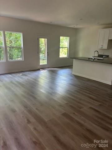 unfurnished living room with dark hardwood / wood-style flooring and sink