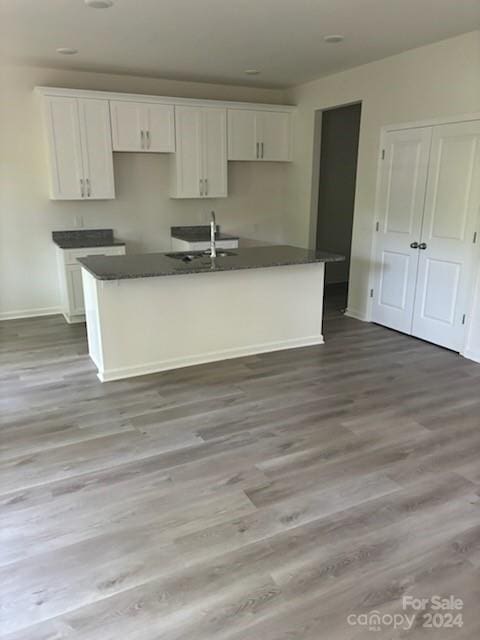 kitchen with white cabinets, sink, light hardwood / wood-style flooring, and an island with sink