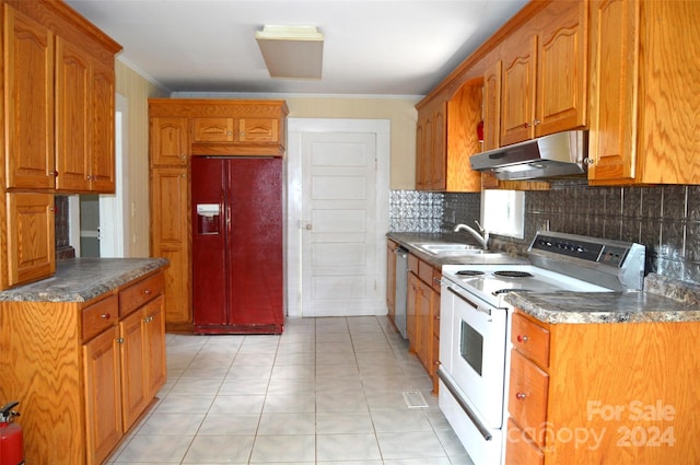 kitchen featuring backsplash, paneled fridge, sink, dishwasher, and white electric range