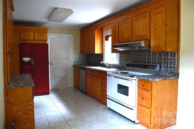 kitchen featuring sink, stainless steel dishwasher, paneled refrigerator, light tile patterned floors, and white electric range oven