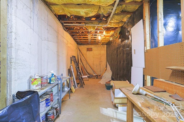 unfinished basement with a workshop area