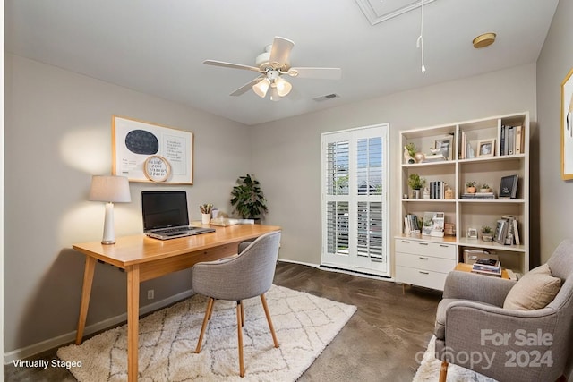 office with ceiling fan and dark hardwood / wood-style floors