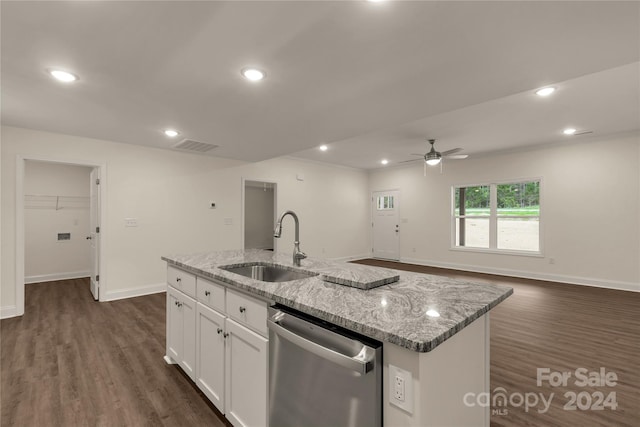 kitchen with white cabinetry, an island with sink, dishwasher, light stone countertops, and sink