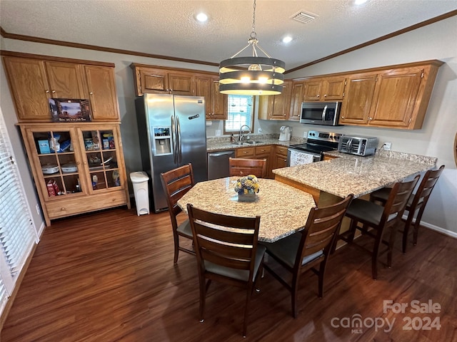 kitchen with hanging light fixtures, vaulted ceiling, a kitchen bar, kitchen peninsula, and stainless steel appliances