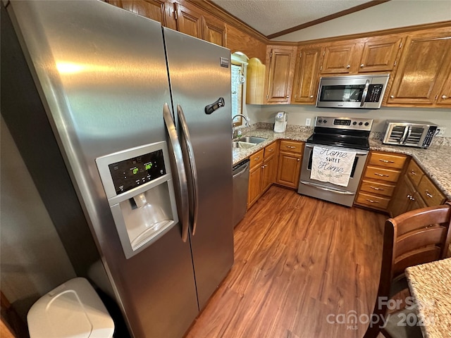 kitchen featuring light stone countertops, appliances with stainless steel finishes, dark wood-type flooring, sink, and lofted ceiling