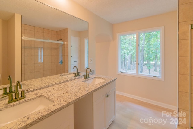 bathroom featuring a textured ceiling, walk in shower, and vanity