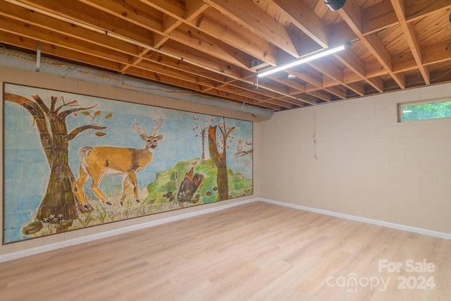 basement with hardwood / wood-style flooring