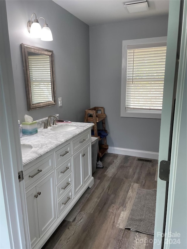 bathroom with hardwood / wood-style flooring and vanity