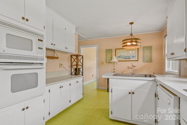 kitchen with ornamental molding, white appliances, white cabinetry, and pendant lighting