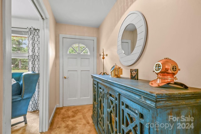 carpeted foyer entrance featuring plenty of natural light and indoor bar