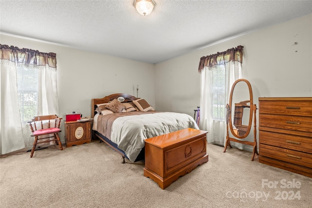 carpeted bedroom featuring a textured ceiling