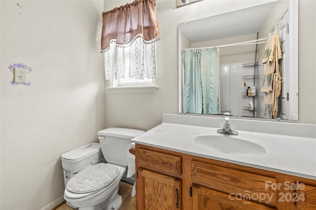 bathroom with vanity, toilet, and curtained shower