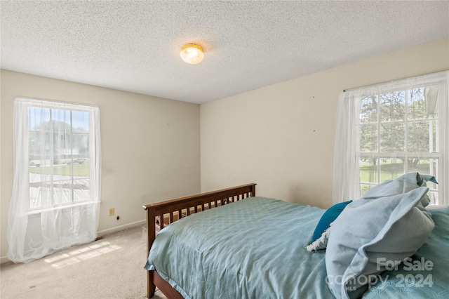 bedroom with a textured ceiling, carpet, and multiple windows