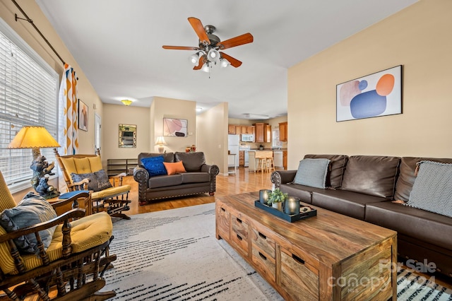 living room with ceiling fan and light hardwood / wood-style floors