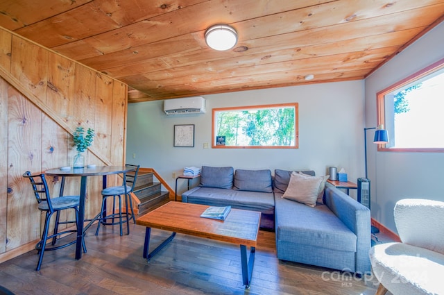 living room with an AC wall unit, dark hardwood / wood-style flooring, and wood ceiling