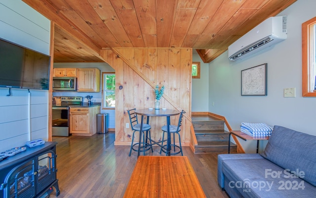 interior space with wooden ceiling, dark hardwood / wood-style flooring, and a wall unit AC