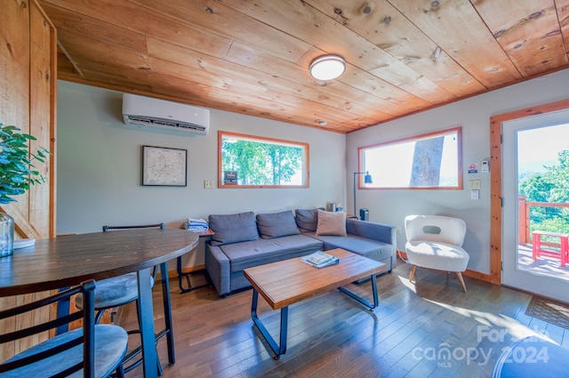 living room featuring a wall unit AC, dark hardwood / wood-style flooring, and wood ceiling