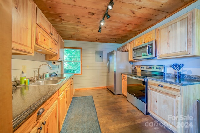 kitchen featuring wooden ceiling, stainless steel appliances, wood walls, and sink