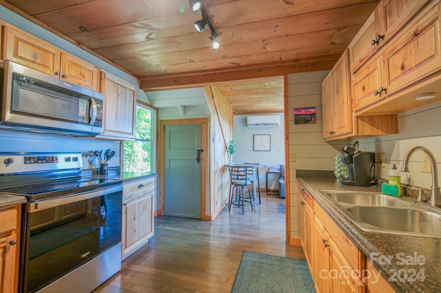 kitchen featuring wood ceiling, appliances with stainless steel finishes, dark wood-type flooring, an AC wall unit, and sink