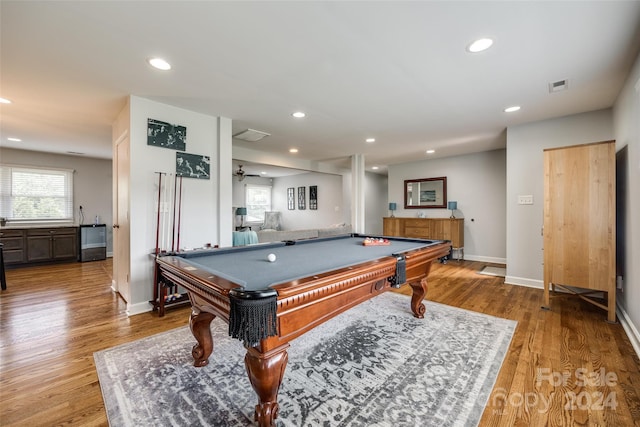 recreation room featuring hardwood / wood-style floors, ceiling fan, and billiards