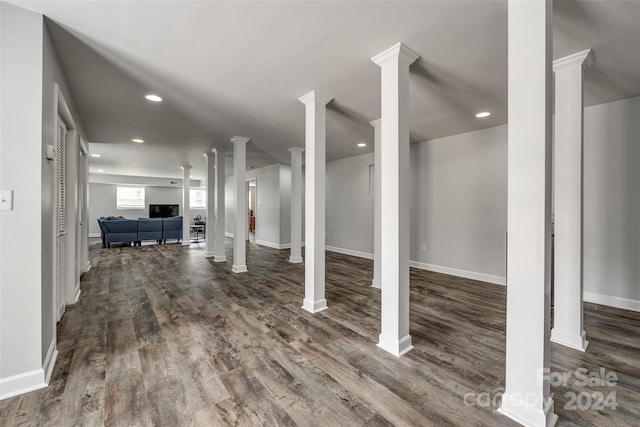 basement with dark wood-type flooring