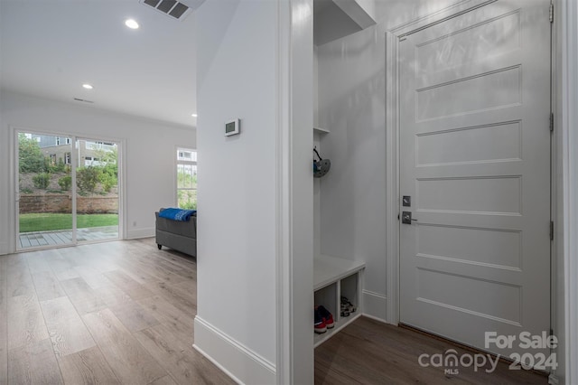 mudroom featuring hardwood / wood-style floors and crown molding