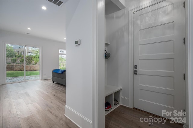 mudroom with hardwood / wood-style floors