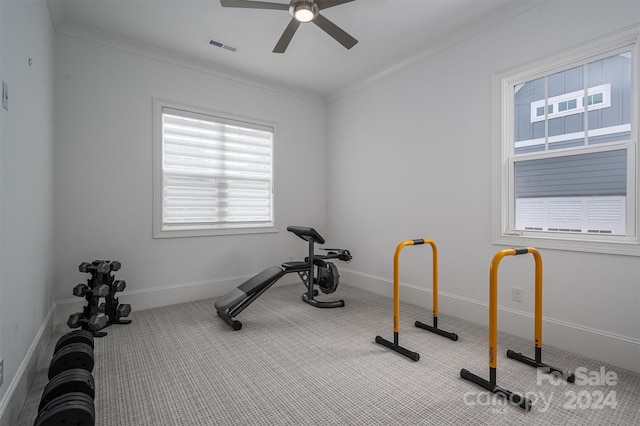 exercise area with crown molding, light colored carpet, and ceiling fan