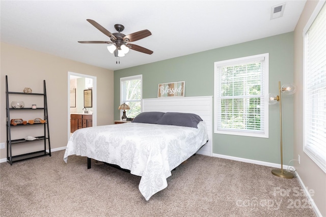 460 Panther Branch Rd, Alexander, NC 28701 - carpeted bedroom with baseboards, multiple windows, ceiling fan, and ensuite bath