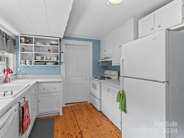 kitchen with light wood-type flooring, white appliances, crown molding, sink, and white cabinets