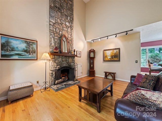 living room with a fireplace, hardwood / wood-style floors, and track lighting