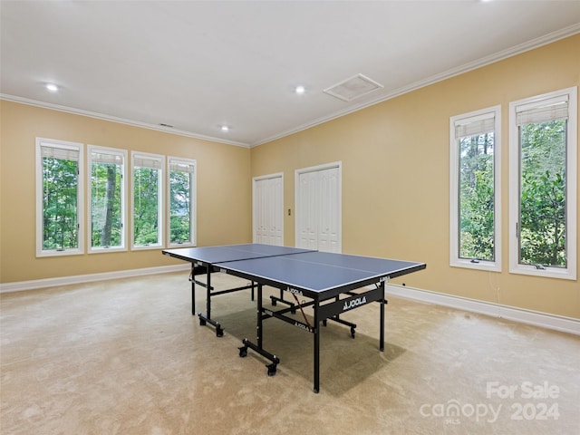 rec room with a healthy amount of sunlight, ornamental molding, and light carpet