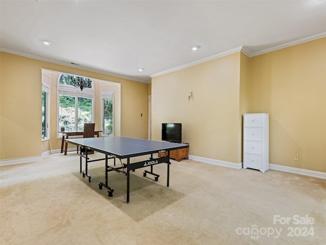 rec room with crown molding and light carpet