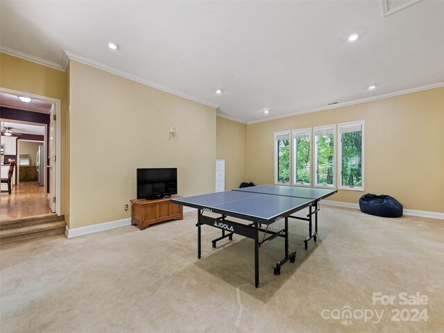 game room featuring light colored carpet and ornamental molding