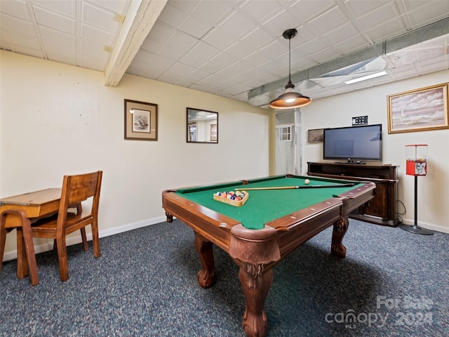 playroom featuring beamed ceiling, dark carpet, and billiards