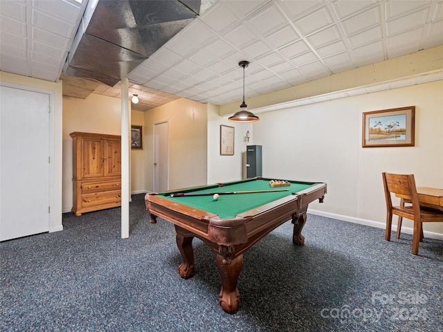 rec room with dark colored carpet and billiards