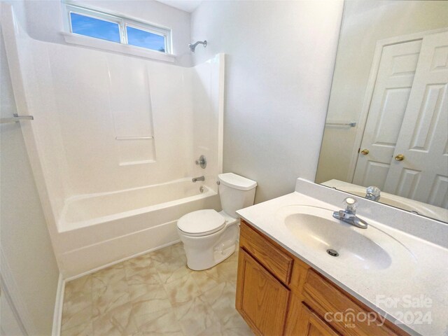 full bathroom with shower / bathtub combination, tile patterned flooring, vanity, and toilet