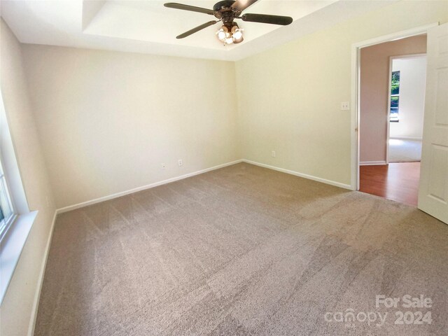 unfurnished room featuring carpet floors, ceiling fan, and a raised ceiling