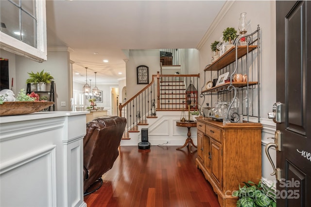 entrance foyer with a chandelier, dark hardwood / wood-style floors, and ornamental molding