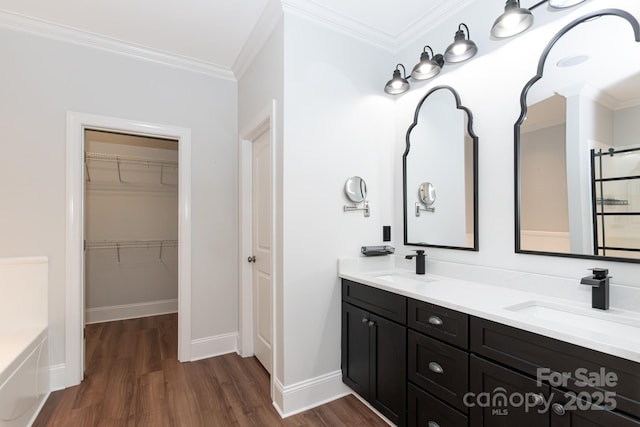 bathroom featuring hardwood / wood-style floors, vanity, and ornamental molding